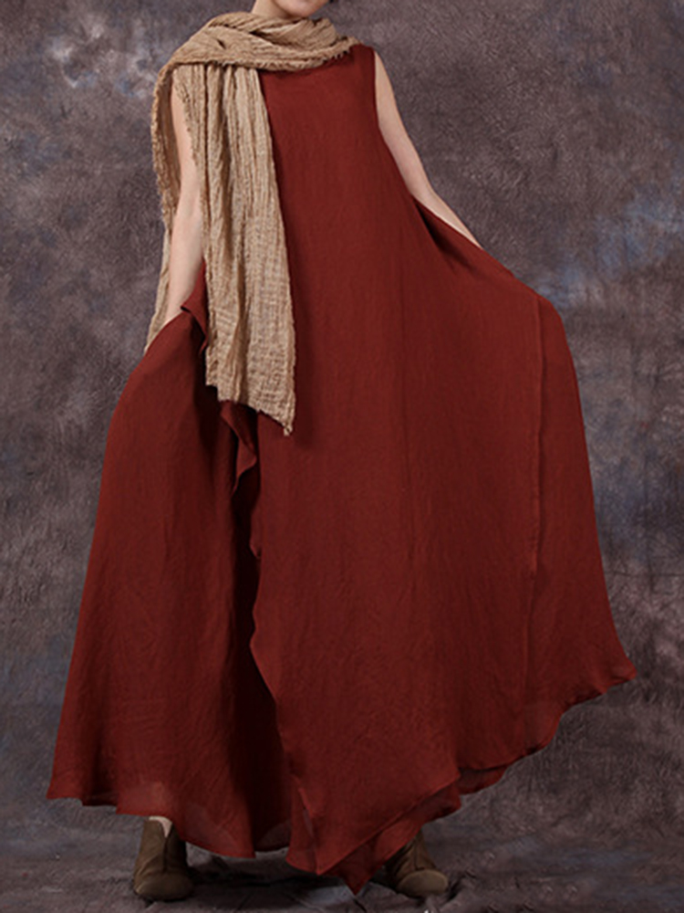 Vintage Women Sleeveless Solid Fake Two-piece Dress