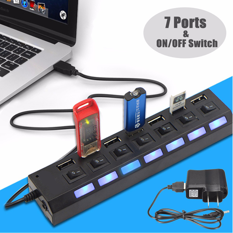 7 Port High Speed USB 2.0 Hub + AC Power Adapter ON/OFF Switch For PC Laptop MAC 10