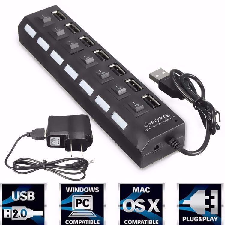 7 Port High Speed USB 2.0 Hub + AC Power Adapter ON/OFF Switch For PC Laptop MAC 12