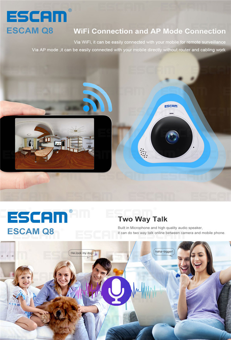 ESCAM Q8 960P 1.3MP 360 Degree VR Fisheye WiFi IR Infrared IP Camera Two Way Audio Motion Detector 13