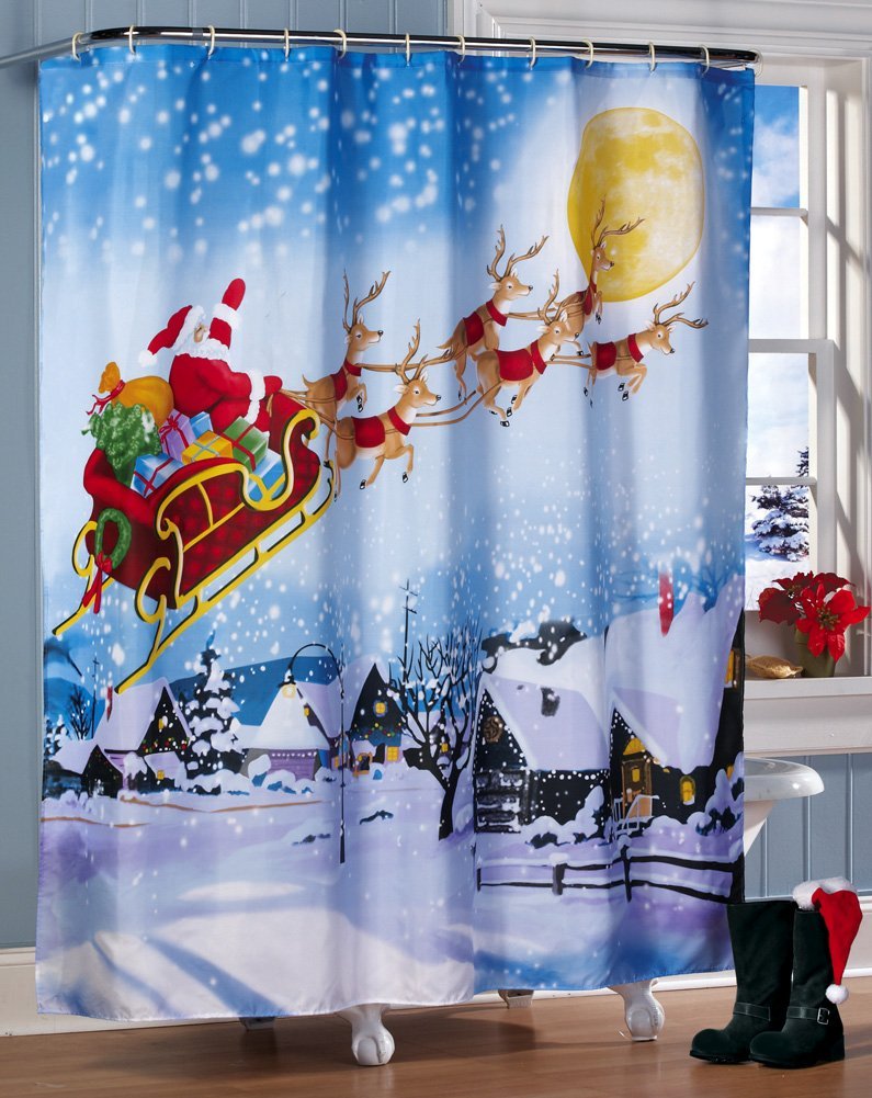 180x180cm Santa Flight Waterproof Shower Curtain Bathroom Christmas Decor with 12 Hooks