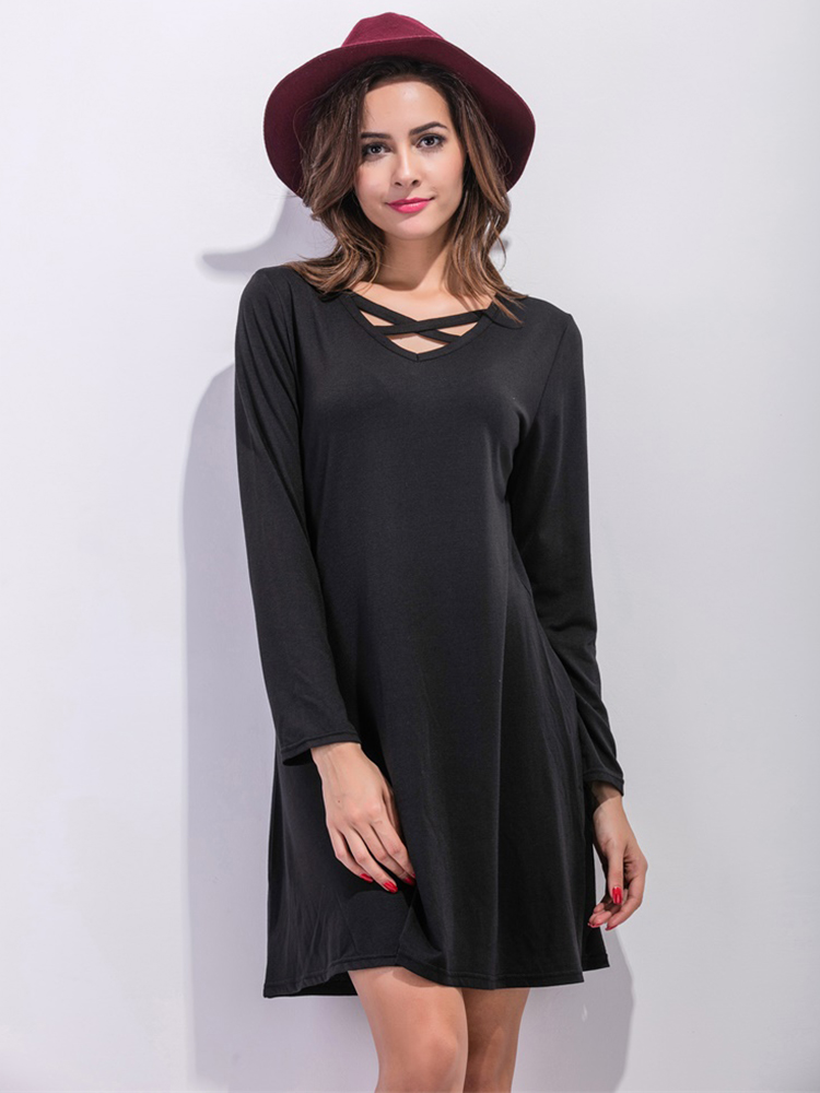 Casual Women Long Sleeve Loose V-Neck Pure Color Dress