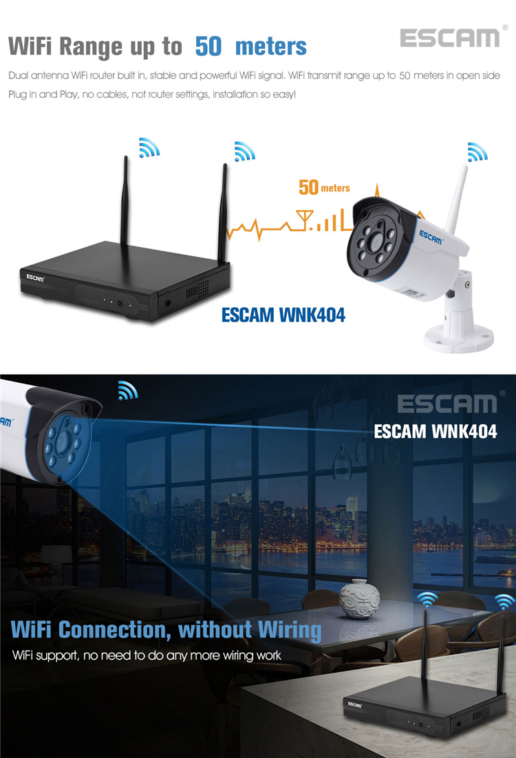 ESCAM WNK404 4CH 720P Outdoor IR Video Wireless Surveillance Security IP Camera CCTV NVR System Kit 140