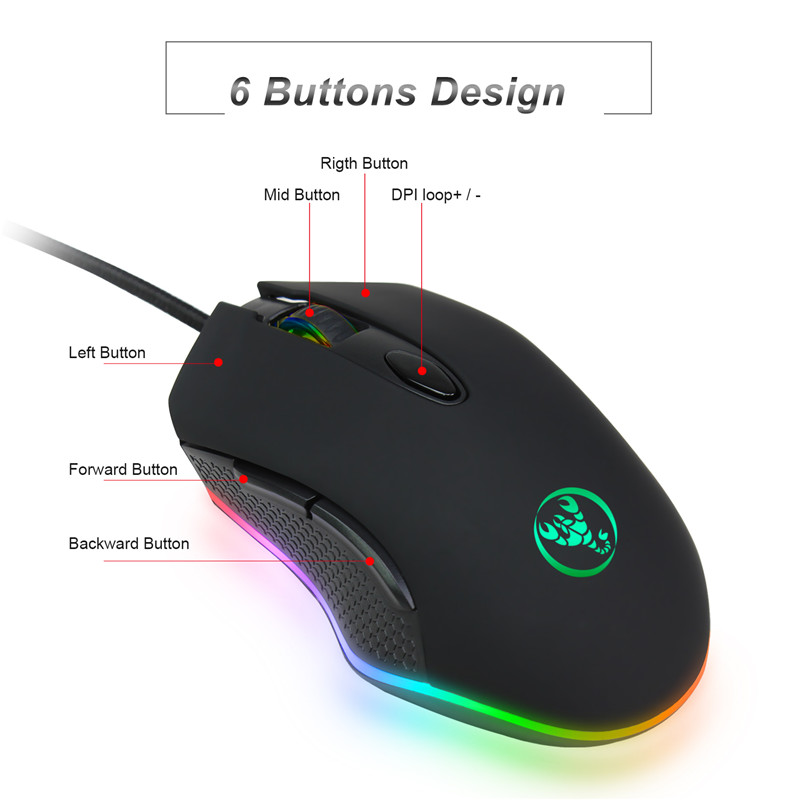 HXSJ S500 RGB Backlit Gaming Mouse 6 Buttons 4800DPI Optical USB Wired Mice Macros Define 56