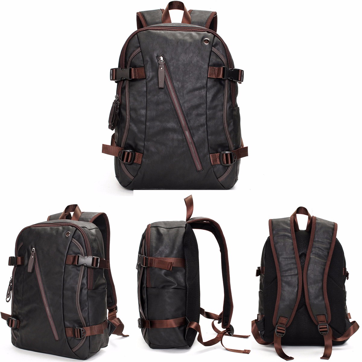 Men Vintage PU Leather Zipper Laptop Travel School Outdoor Backpack Bag Rucksack 77