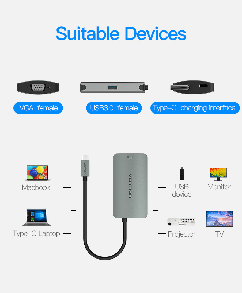 Vention CGJHA USB C to USB3.0 VGA With PD Charging Port Type C 3.1 to USB Hub Type-c Video Adapter 6