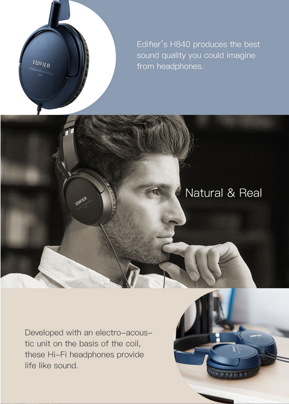Edifier H840 Noise Cancelling Powerful Sound Ergonomic Ear Pads HIFI Headphone Headset 3.5mm AUX 90