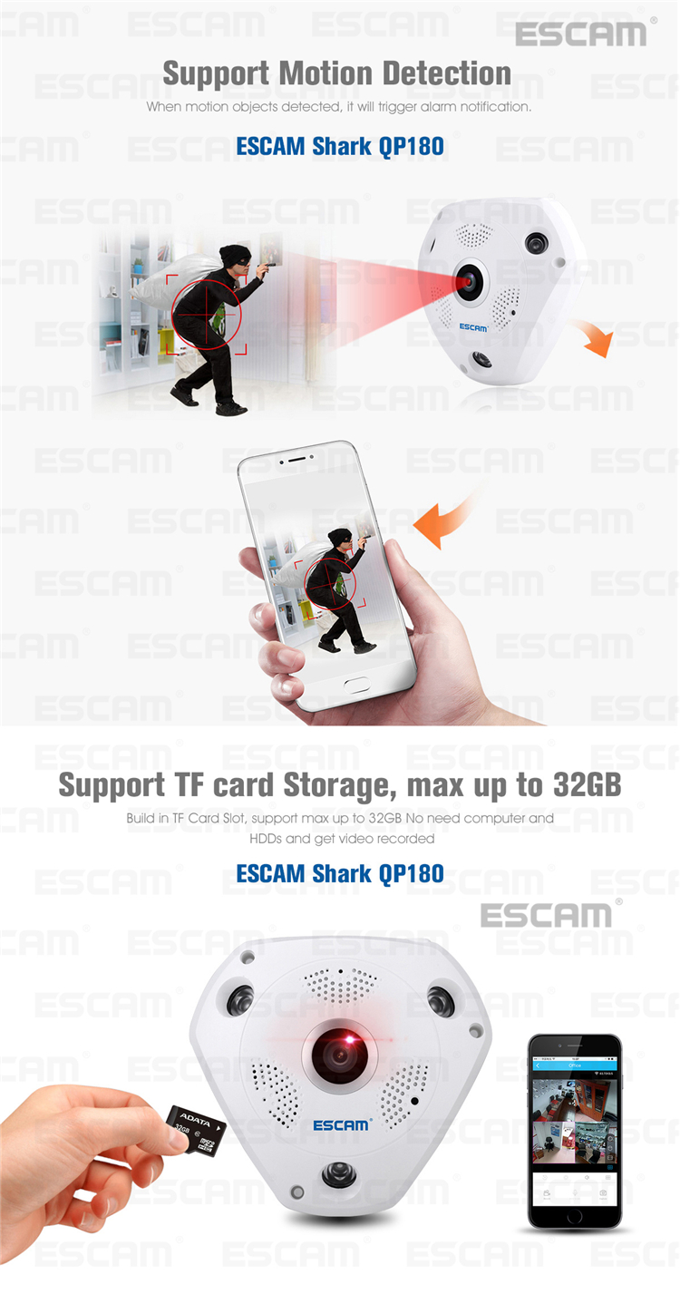 ESCAM Fisheye Camera Support VR QP180 Shark 960P IP WiFi Camera 1.3MP 360 Degree Panoramic Infrared Night Vision Camera 17