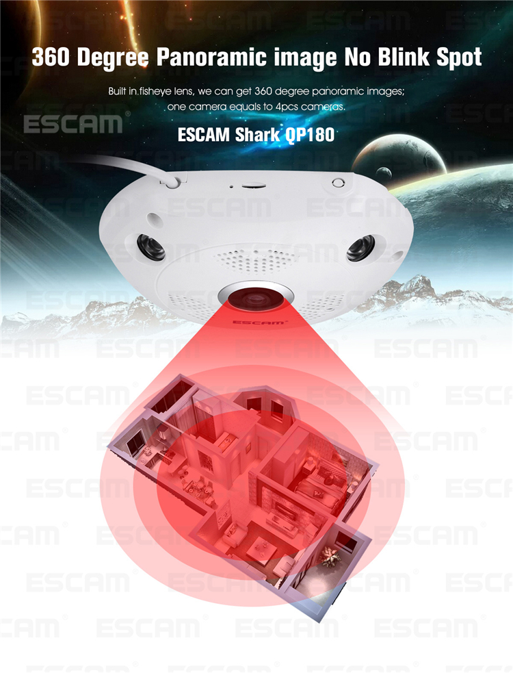 ESCAM Fisheye Camera Support VR QP180 Shark 960P IP WiFi Camera 1.3MP 360 Degree Panoramic Infrared Night Vision Camera 30