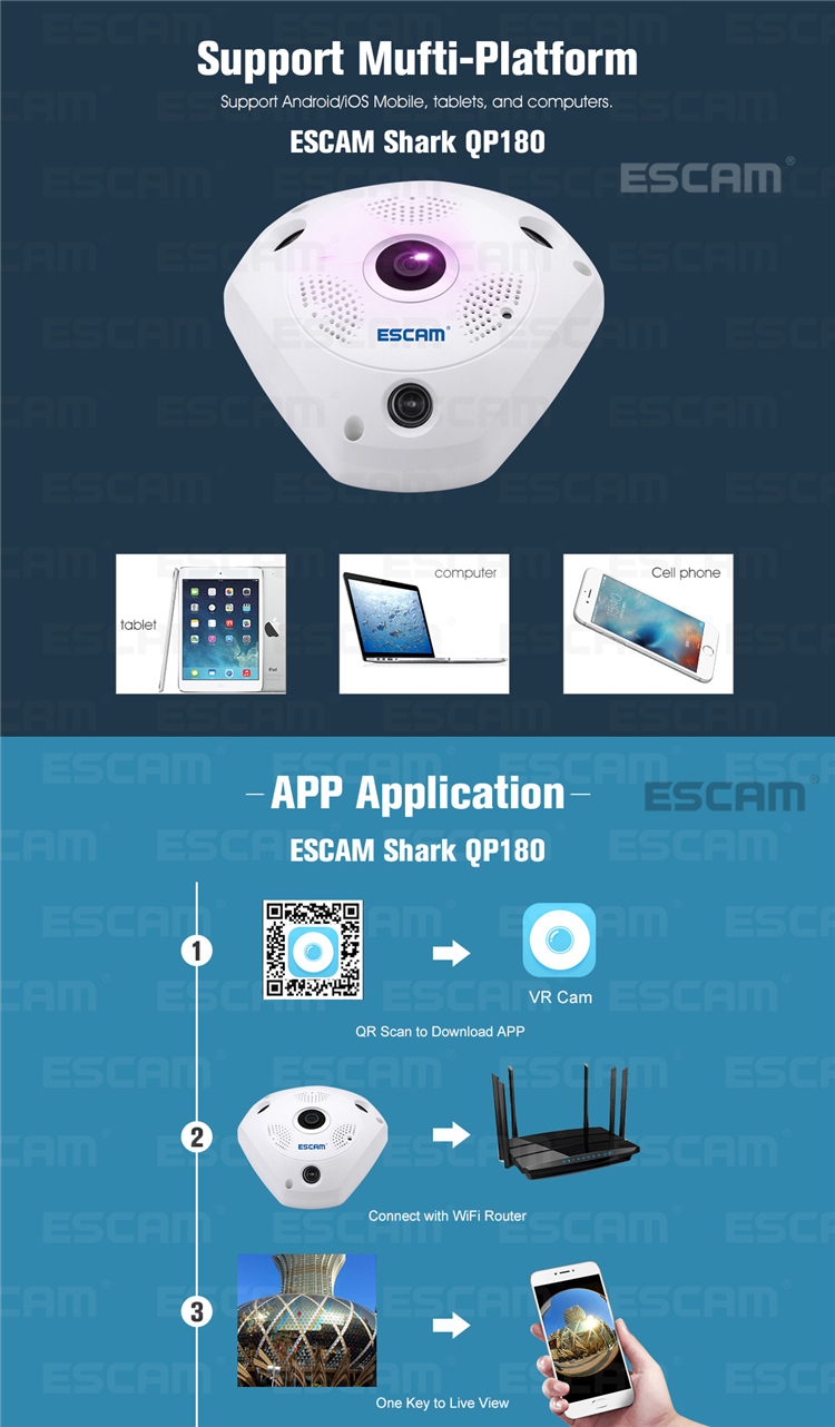 ESCAM Fisheye Camera Support VR QP180 Shark 960P IP WiFi Camera 1.3MP 360 Degree Panoramic Infrared Night Vision Camera 135