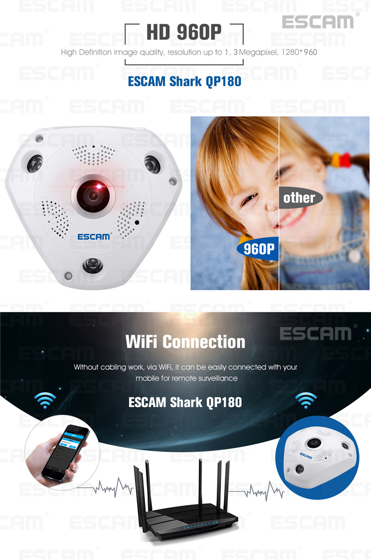 ESCAM Fisheye Camera Support VR QP180 Shark 960P IP WiFi Camera 1.3MP 360 Degree Panoramic Infrared Night Vision Camera 15