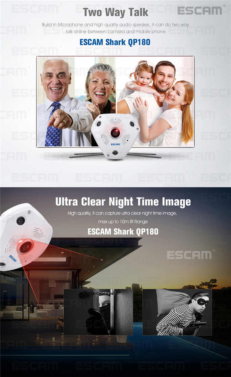 ESCAM Fisheye Camera Support VR QP180 Shark 960P IP WiFi Camera 1.3MP 360 Degree Panoramic Infrared Night Vision Camera 37