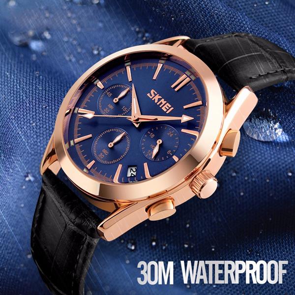 SKMEI 9127 Fashion Men Quartz Watch Luxury Three Dails Business Wristwatch