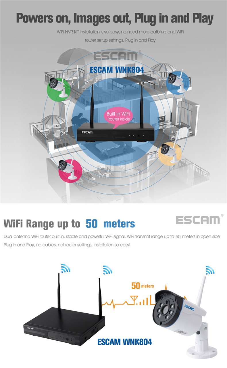 ESCAM WNK804 8CH 720P Wireless NVR Kit Outdoor Night Vision IP Bullet Camera Surveillance System 12