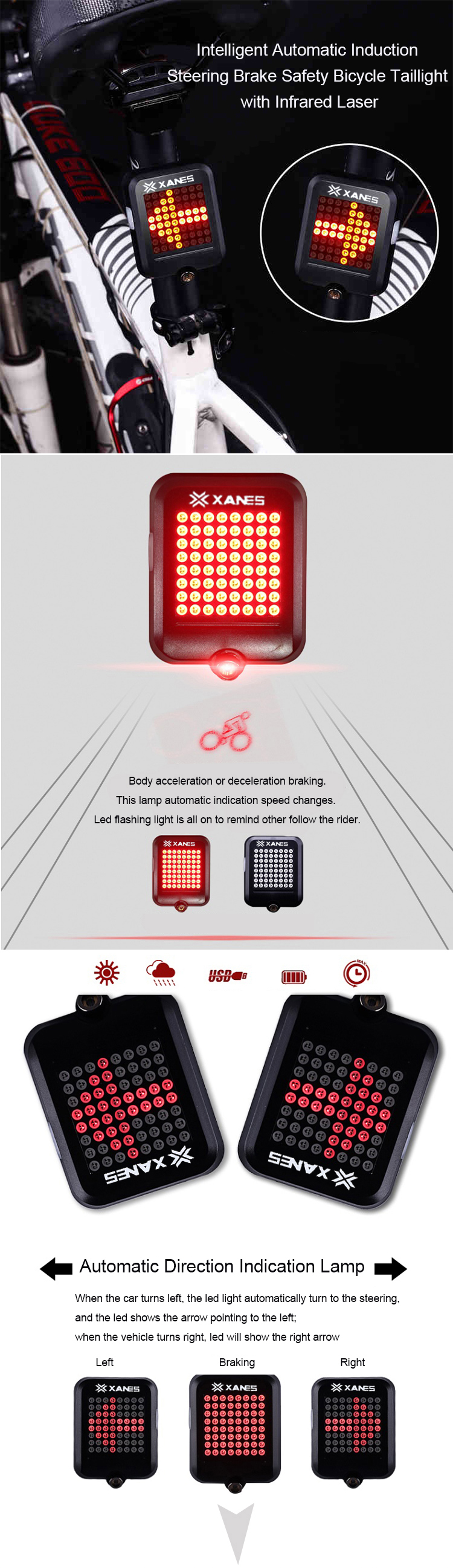 XANES STL-01 64 LED 80LM Intelligent Automatic Induction Steel Ring Brake Safety Bicycle Taillight with Infrared Laser Warning Waterproof Night Light USB Charging 13