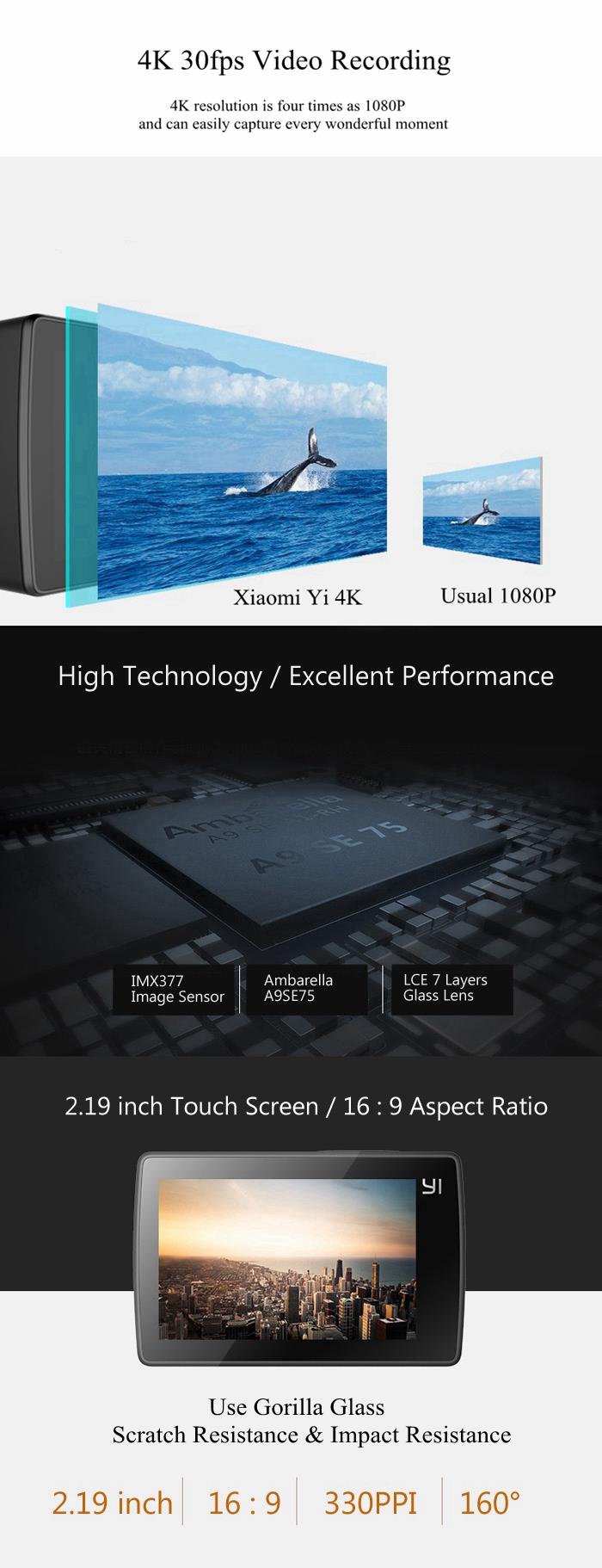Xiaomi Yi 4K Sports Action Camera 2 Ambarella A9 Sony IMX377 Sensor F2 