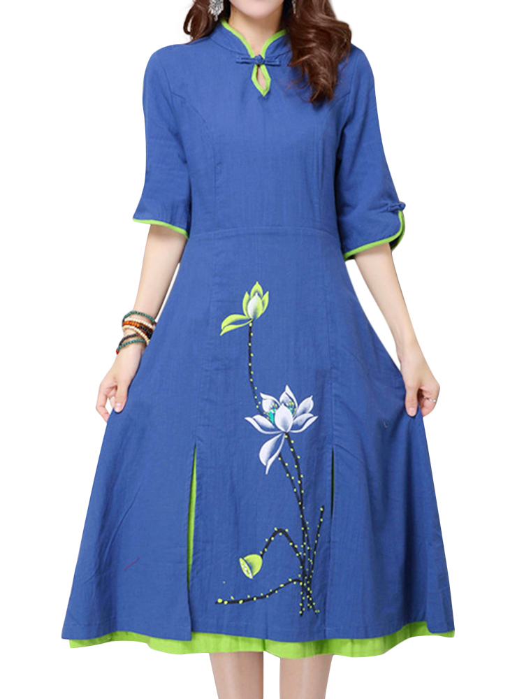 

O-NEWE Ethnic Women Fake Two-Piece Printing Mandarin Collar Dress