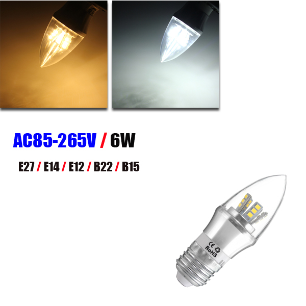 E27 E14 E12 B22 B15 6W LED Warm White Pure White Sliver Candle Bulb AC85-265V