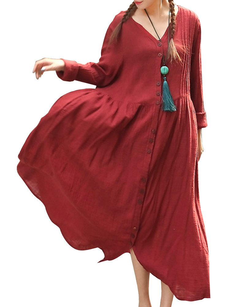 S-5XL Women Solid Pleated Button Maxi Dress
