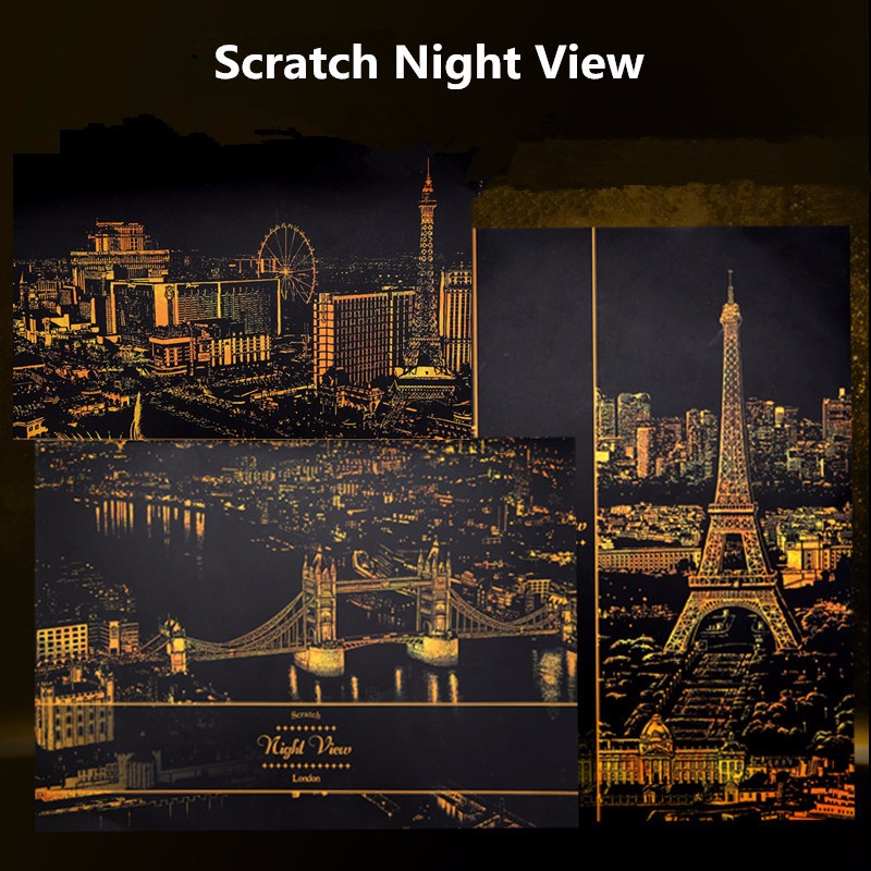 Scratch Golden City Night View Decor Paper Art