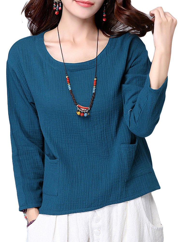 Vintage Cotton Long Sleeve Round Neck Loose T-Shirt