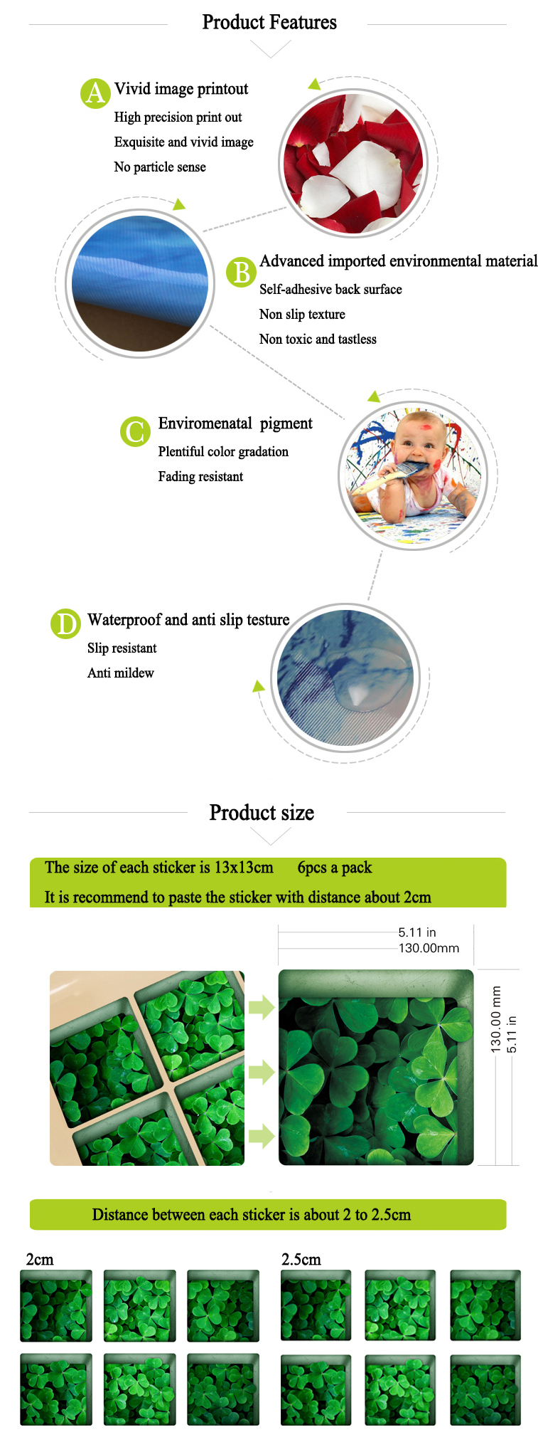 PAG 6pcs 13x13cm Cobblestone Pattern 3D Anti Slip Waterproof Bathtub Sticker