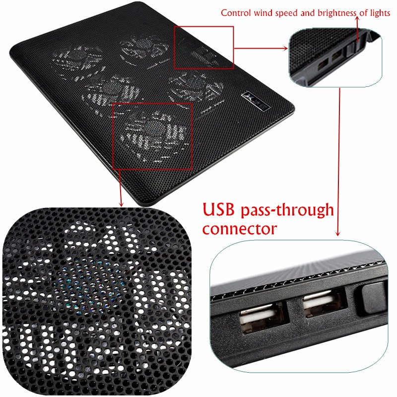 5 Fans LED USB Port Cooling Stand Pad Cooler for 17 inch Laptop Notebook 15