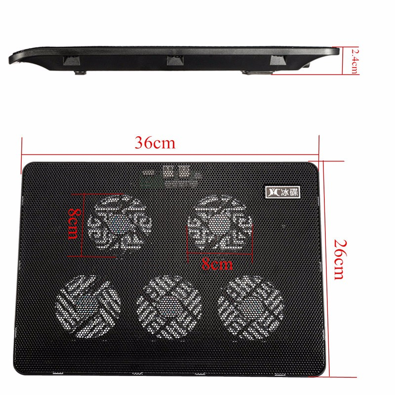5 Fans LED USB Port Cooling Stand Pad Cooler for 17 inch Laptop Notebook 14