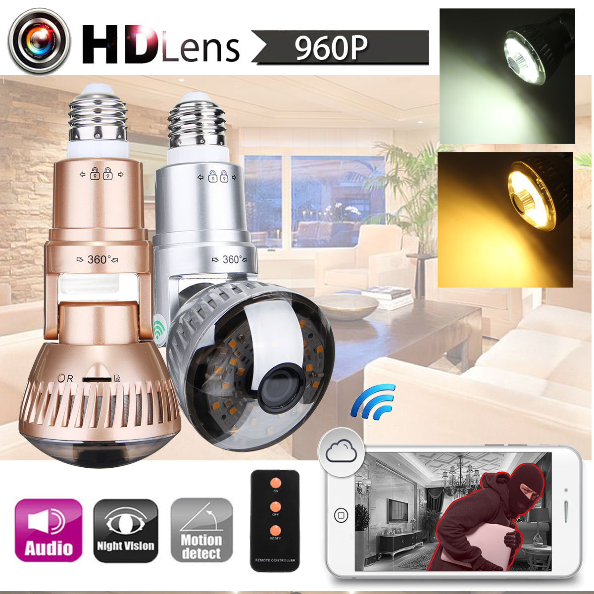 3.6mm Wireless Mirror Bulb Security Camera DVR WIFI LED Light IP Camera Motion Detection 48