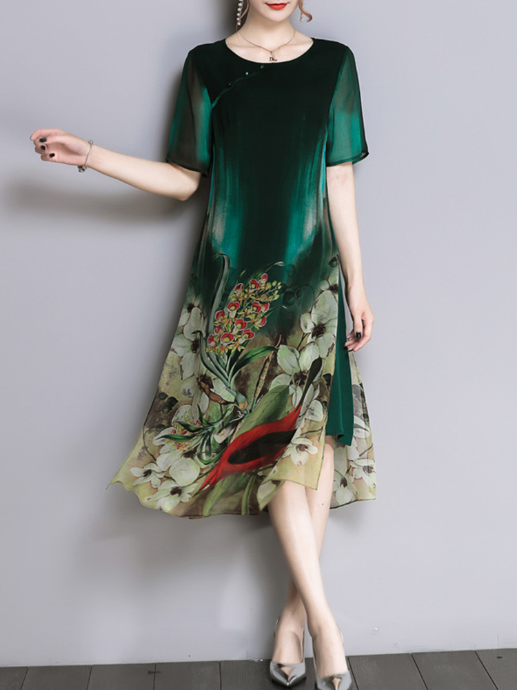 Elegant Floral Print Short Sleeve Loose Split Hem Dresses