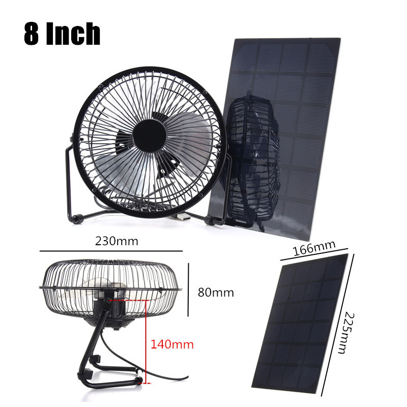 Black Solar Panel Powered USB Fan 8 Inch 5W Cooling Ventilation for Outdoor Traveling Home Office 8
