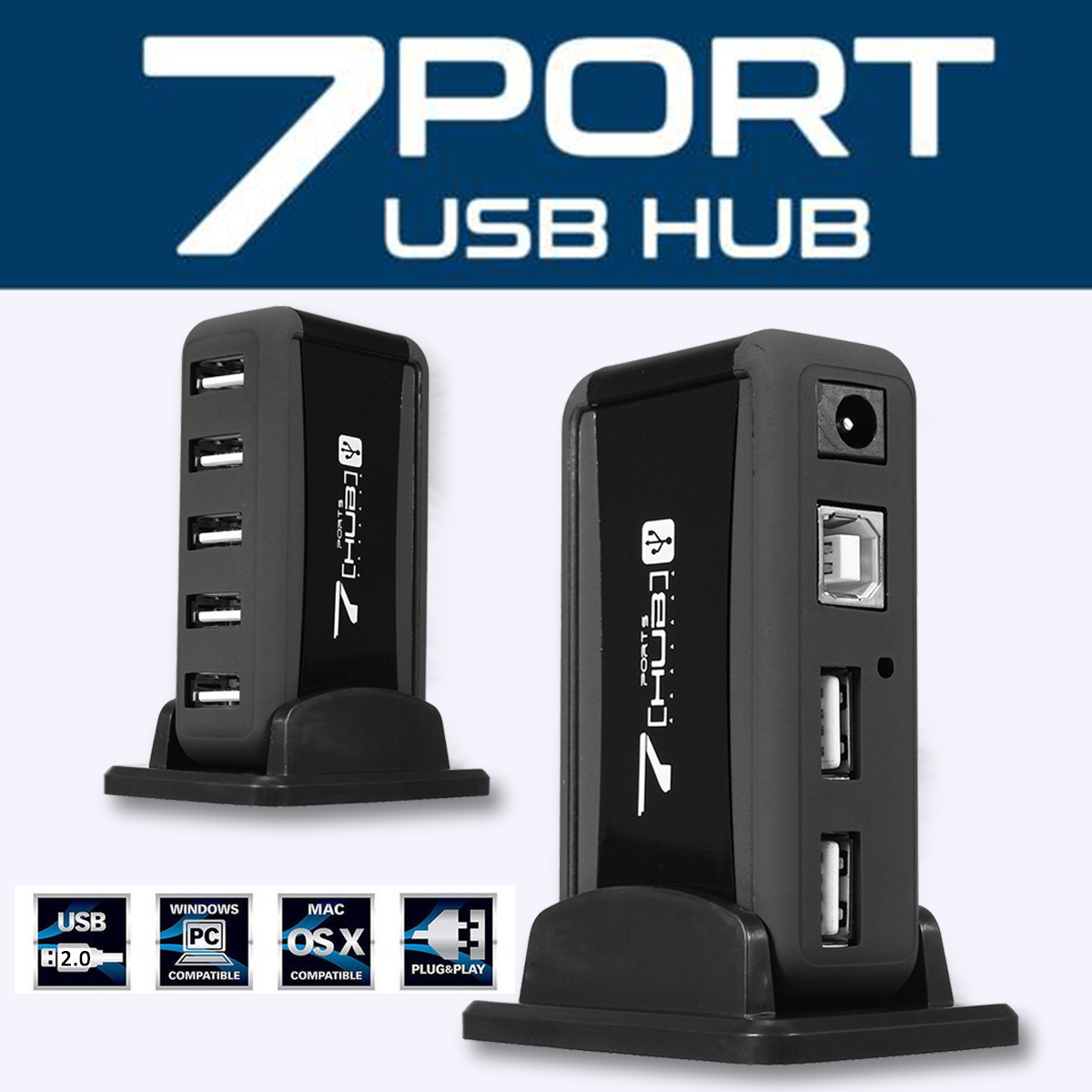 EU/US Vertical 7 Port USB 2.0 High Speed Hub+AC Power Supply Adapter For Raspberry Pi PC 10