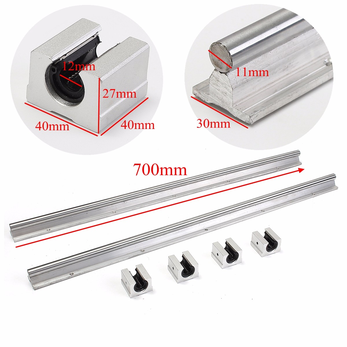 2Pcs SBR12-700mm Linear Bearing Slide Rails Linear Guide + 4Pcs SBR12UU Blocks For 3D Printer CNC 68