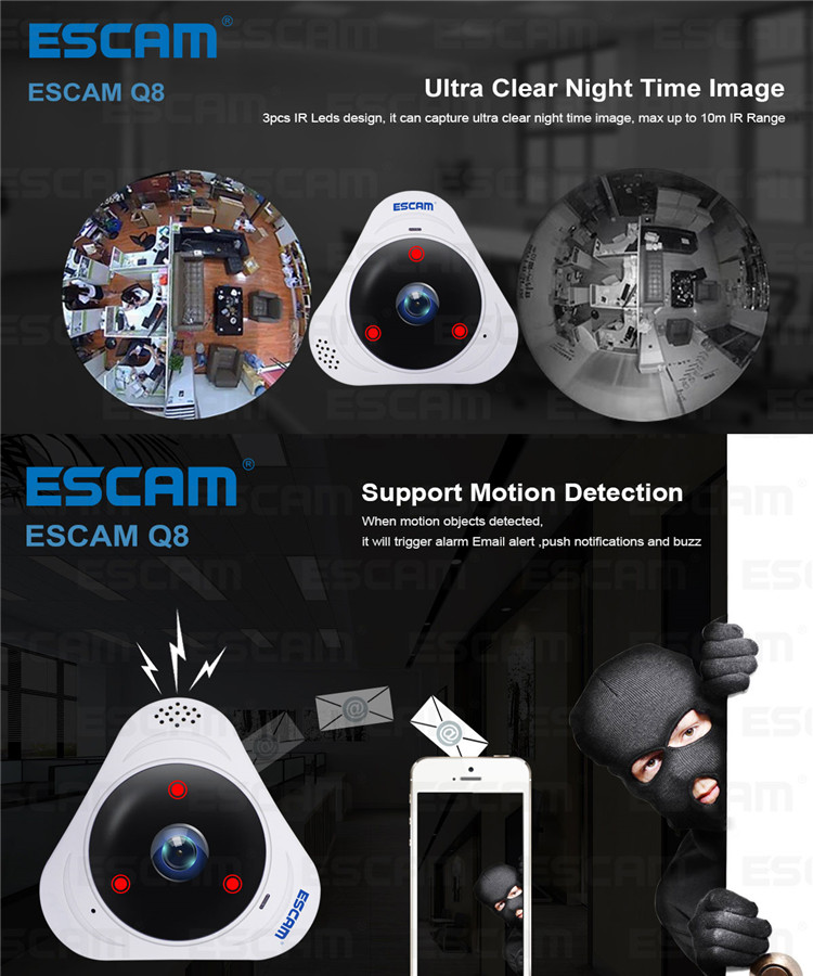ESCAM Q8 960P 1.3MP 360 Degree VR Fisheye WiFi IR Infrared IP Camera Two Way Audio Motion Detector 18