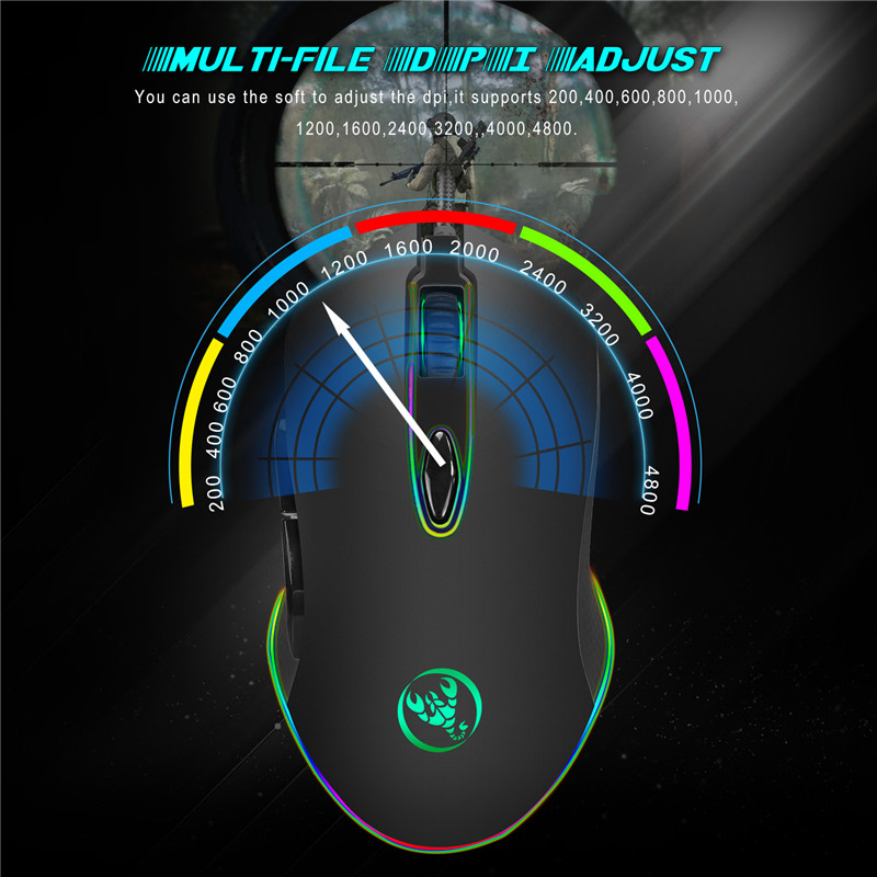 HXSJ S500 RGB Backlit Gaming Mouse 6 Buttons 4800DPI Optical USB Wired Mice Macros Define 60