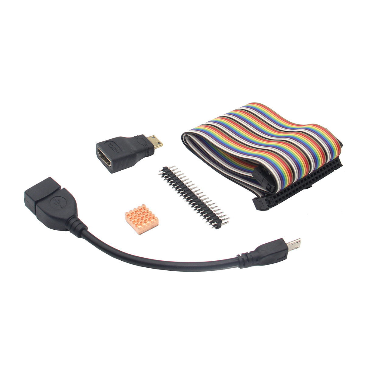5-in-1 GPIO Cable + USB OTG Cable + Mini HDMI to HDMI Adapter + 2x20 Pin Header + Heat Sink Base Kit For Raspberry Pi Zero / Raspberry Pi Zero W. 8