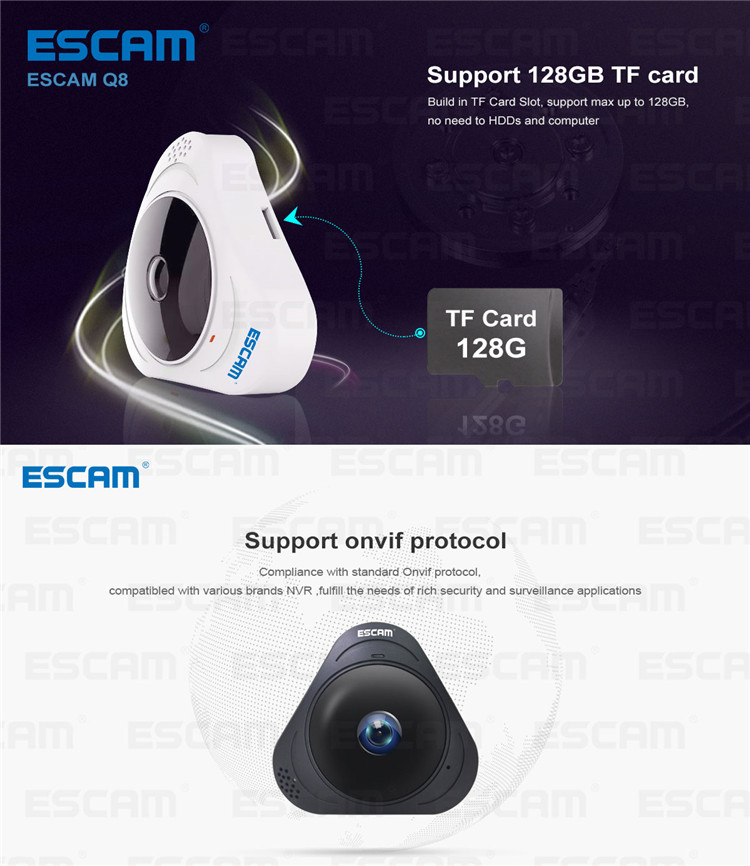 ESCAM Q8 960P 1.3MP 360 Degree VR Fisheye WiFi IR Infrared IP Camera Two Way Audio Motion Detector 11