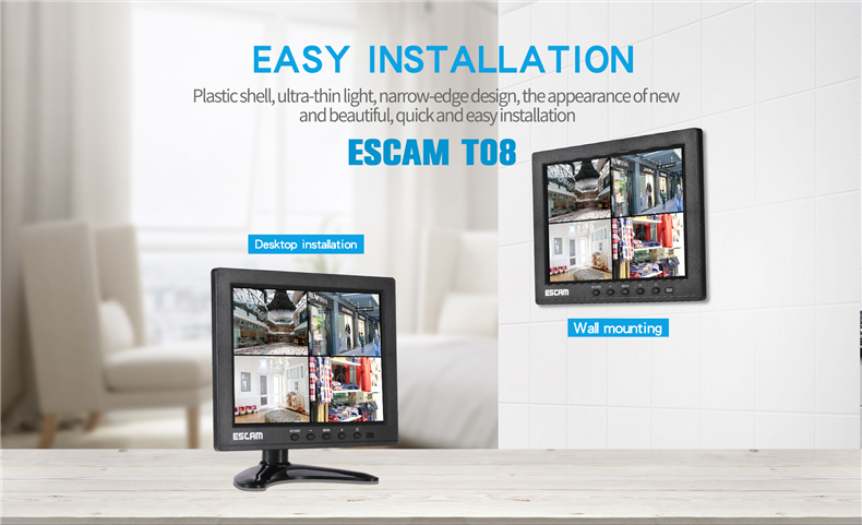 ESCAM T08 8 inch TFT LCD 1024x768 Monitor with VGA HDMI AV BNC USB for PC CCTV Security Camera 43