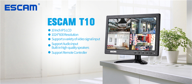 ESCAM T10 10 inch TFT LCD 1024x600 Monitor with VGA HDMI AV BNC USB for PC CCTV Security Camera 11