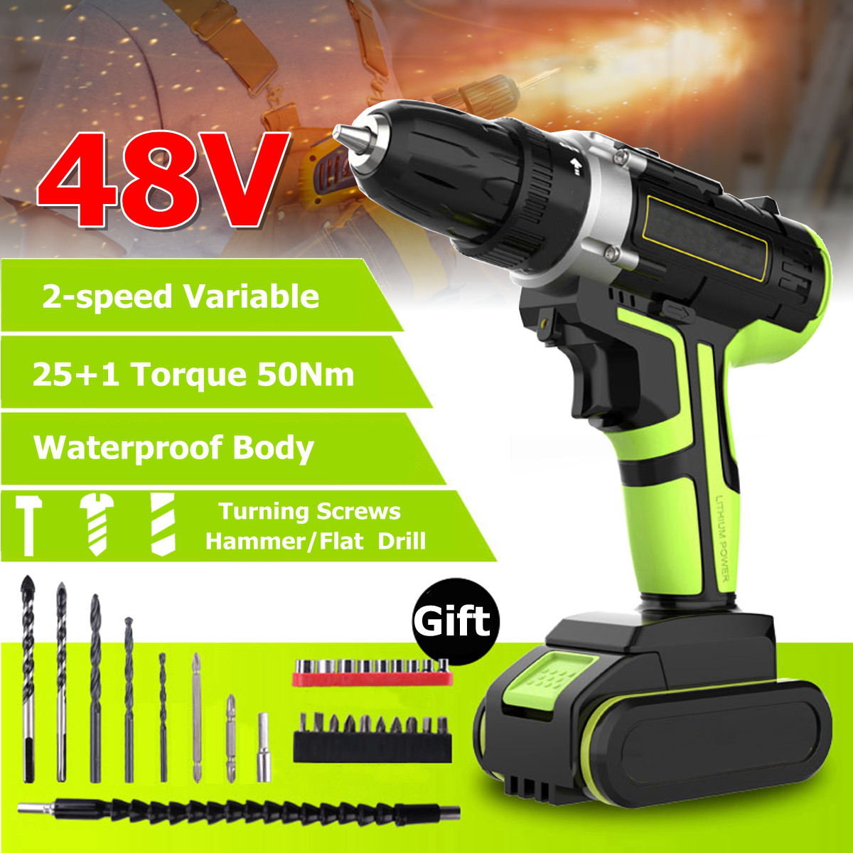 3 In 1 Hammer Drill 48V Cordless Drill Double Speed Power Drills LED lighting 1/2Pcs Large Capacity Battery 50Nm 25+1 Torque Electric Drill 14
