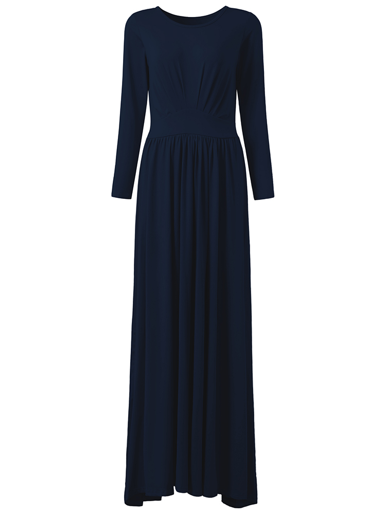 Elegant Women O-neck Long Sleeve Solid Waist Loose Maxi Dress