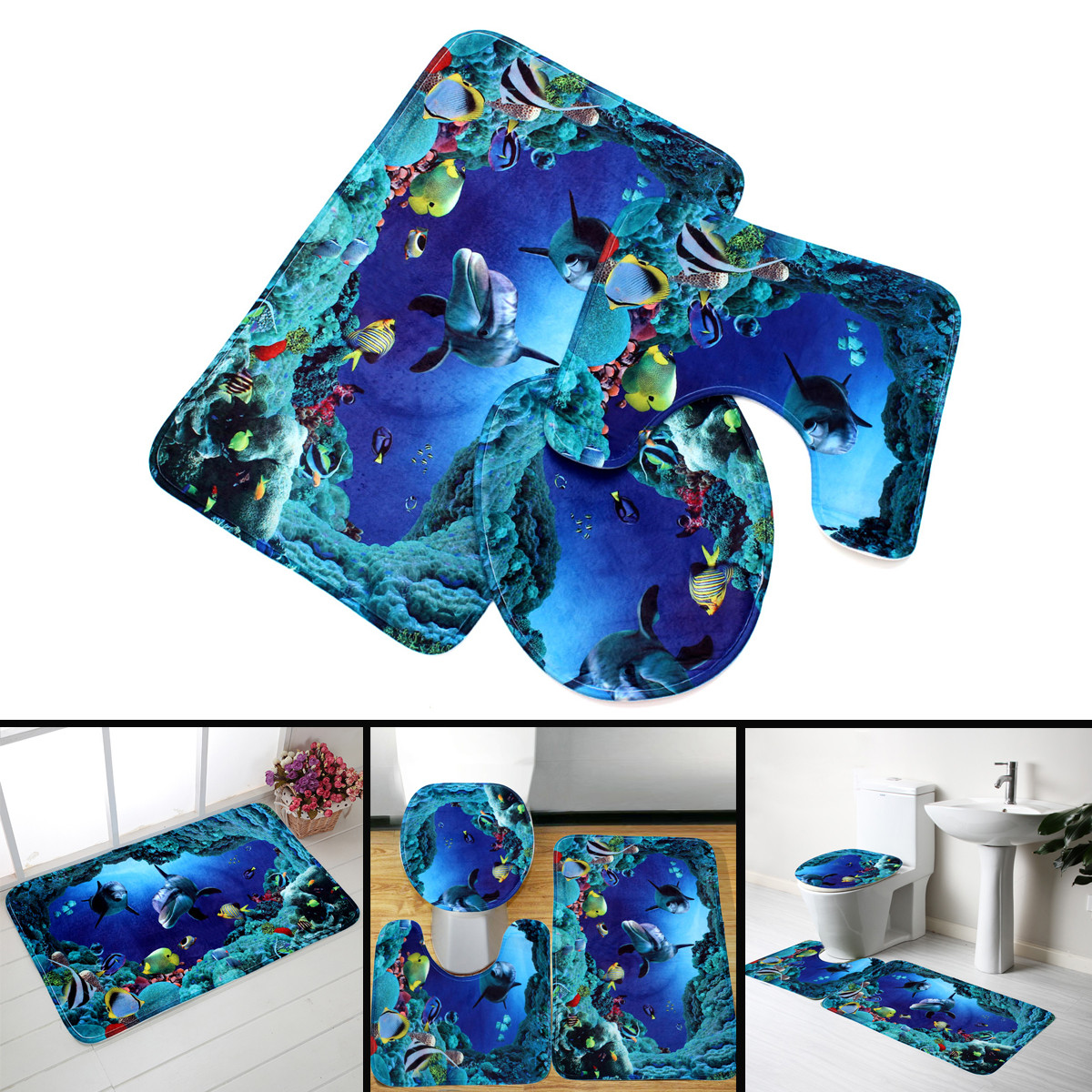 3st Blue Ocean Bath Mattor Set Velvet Fabric Pedestal Mat Toalett Set Cover Carpet