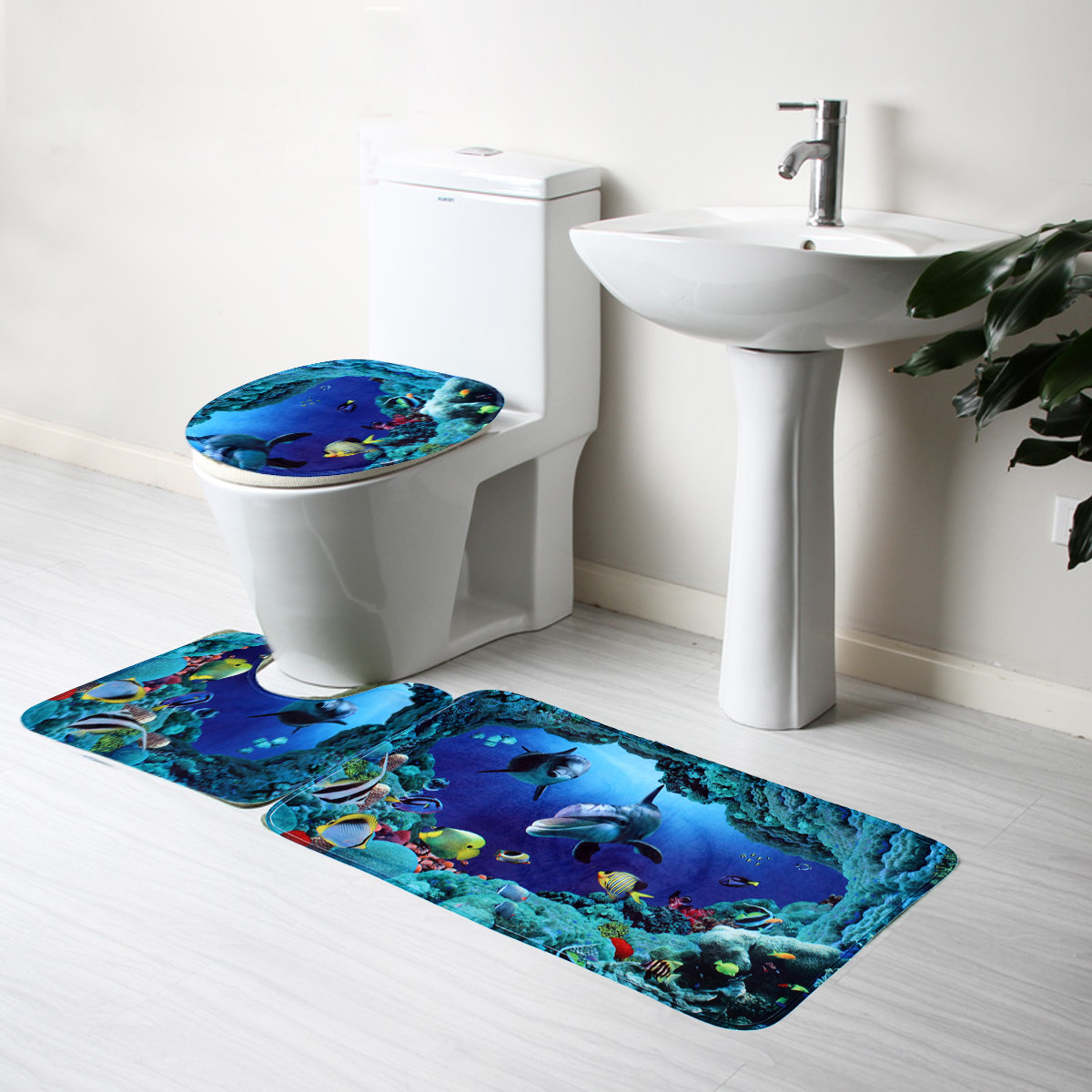 3st Blue Ocean Bath Mattor Set Velvet Fabric Pedestal Mat Toalett Set Cover Carpet