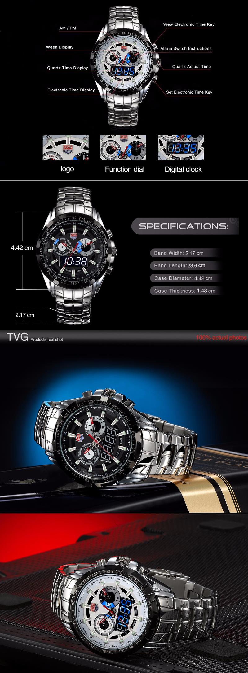 ТВГ 579 Мода Мужчины цифровые часы Двойной дисплей Strainless сталь ремешок Спортивные часы 