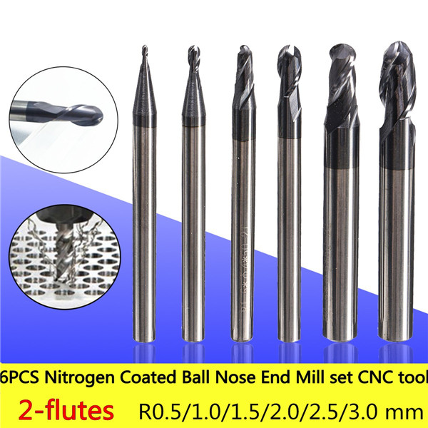 6pcs R0.5-3mm Nitrogen Coated 2 Flutes Ball Nose End Mill Cutter Set CNC Tool