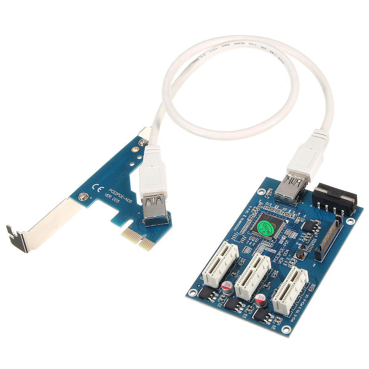 

PCI-E 1X Expansion Kit 1 to 3 Ports Switch Multiplier Hub Riser Card + USB Cable
