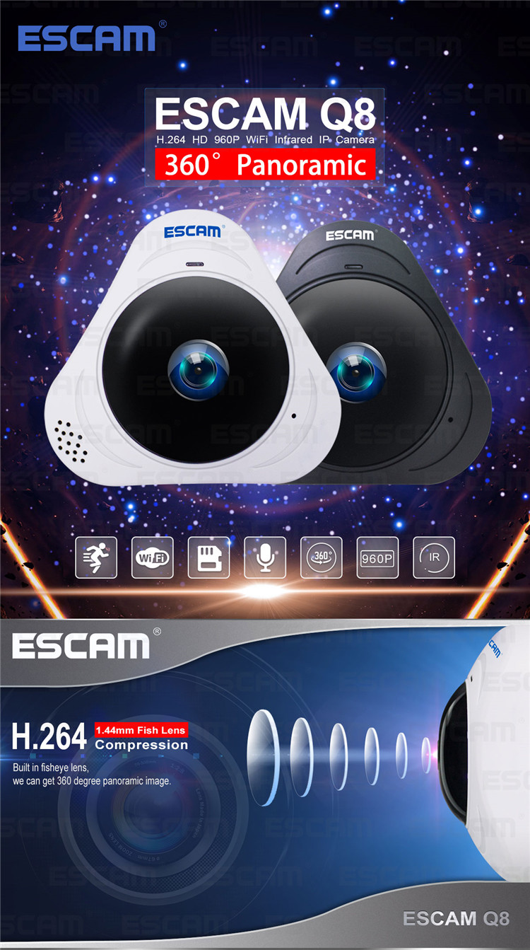 ESCAM Q8 960P 1.3MP 360 Degree VR Fisheye WiFi IR Infrared IP Camera Two Way Audio Motion Detector 7