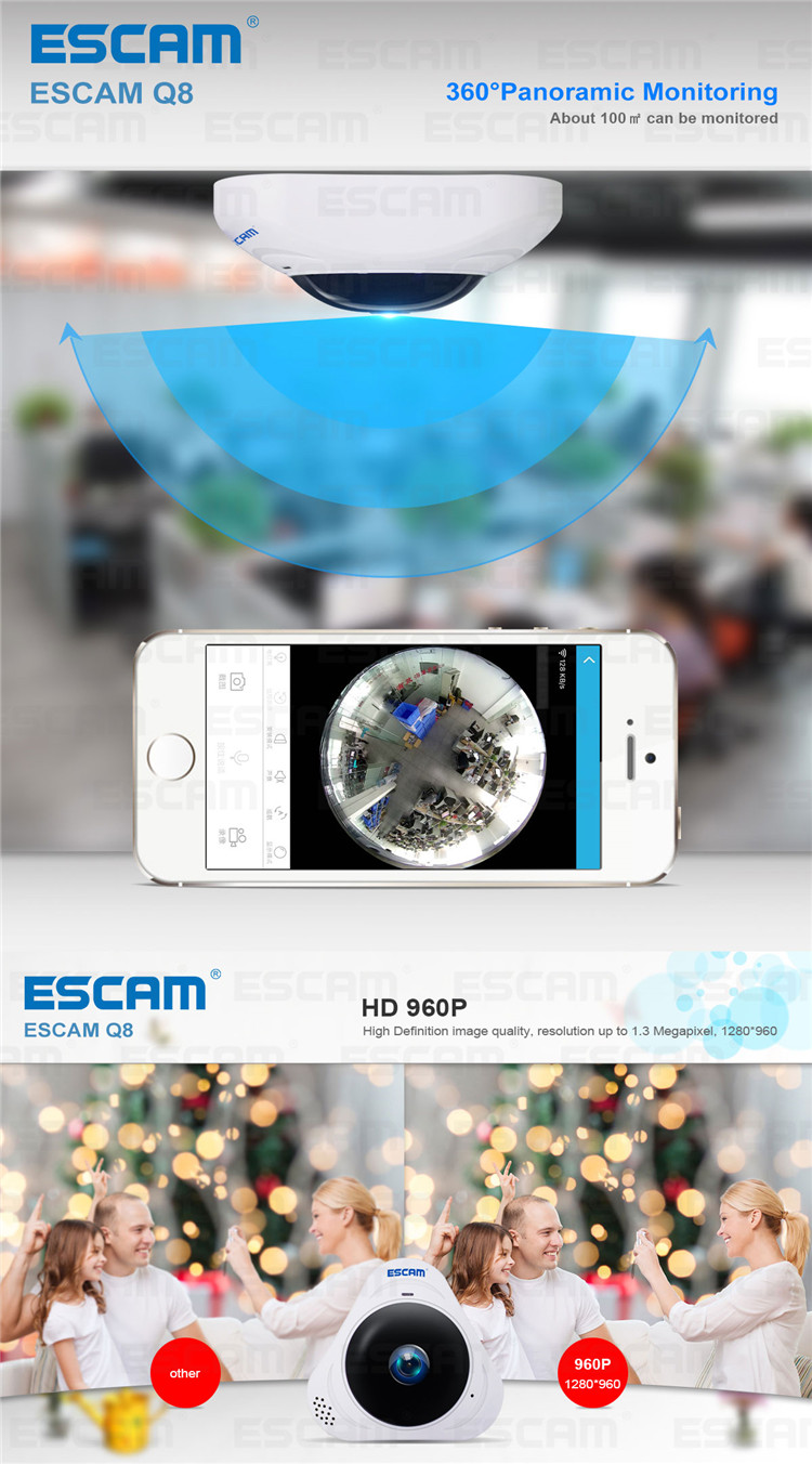 ESCAM Q8 960P 1.3MP 360 Degree VR Fisheye WiFi IR Infrared IP Camera Two Way Audio Motion Detector 16