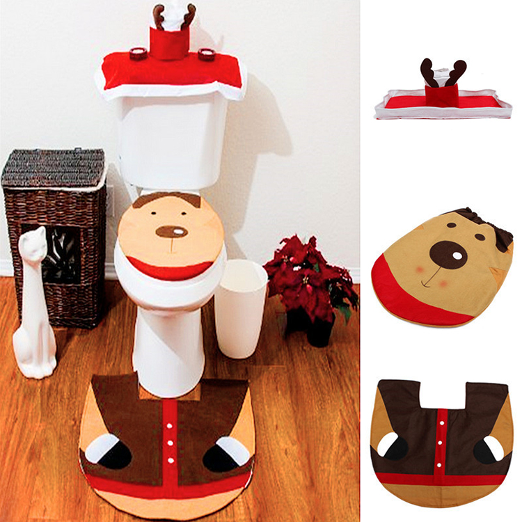 Christmas Reindeer Toilet Seat Cover Decorations Rug Set