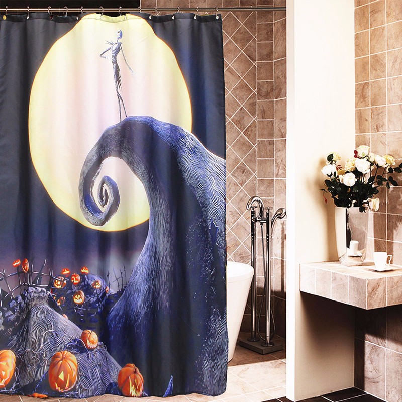 Halloween Nightmare Moon Skull Cortina de ducha de poliéster Decoración de baño con 12 ganchos
